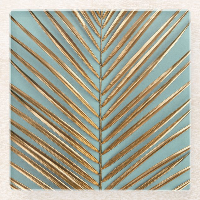 Gold Painted Tropical Palm Pattern Glass Coaster (Front)