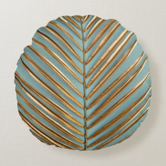 Gold Painted Tropical Palm Pattern Round Pillow