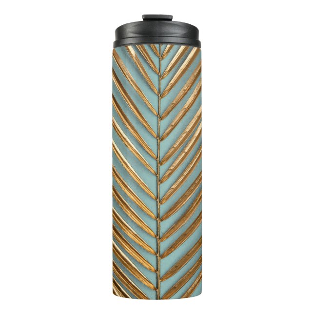 Gold Painted Tropical Palm Pattern Thermal Tumbler (Front)