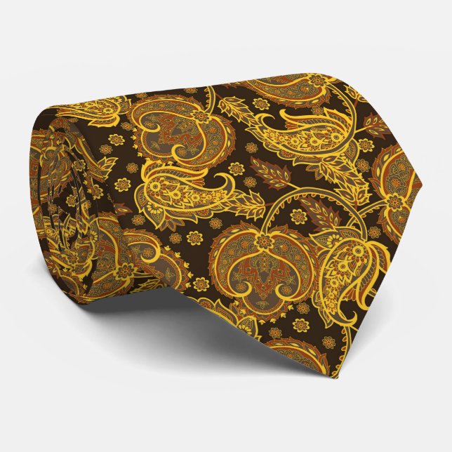 Gold paisley damask floral oriented ethnic patten tie (Rolled)