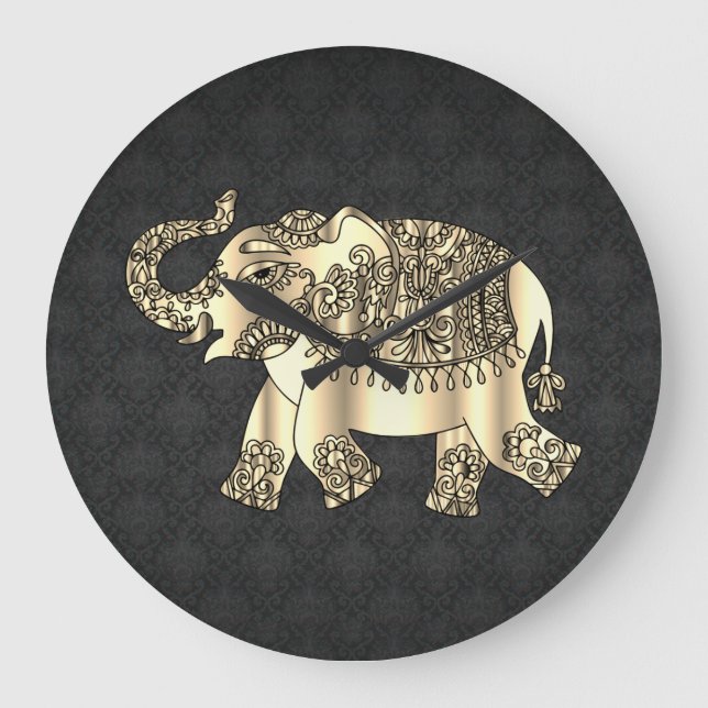 Gold Paisley Floral Elephant,Black Damask Large Clock (Front)