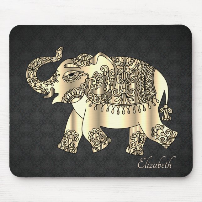 Gold Paisley Floral Elephant,Damask - Personalized Mouse Pad (Front)