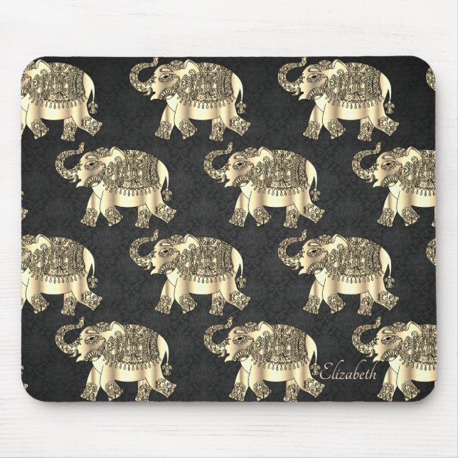 Gold Paisley Floral Elephant, Damask- Personalized Mouse Pad (Front)