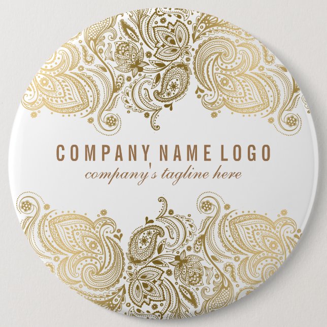 Gold Paisley Lace Custom White Background 6 Inch Round Button (Front)