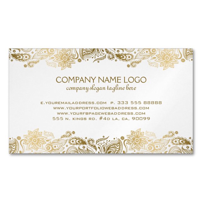 Gold Paisley Lace White Damasks Magnetic Business Card (Front)