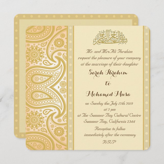 Gold Paisley Muslim wedding Invitation (Front/Back)