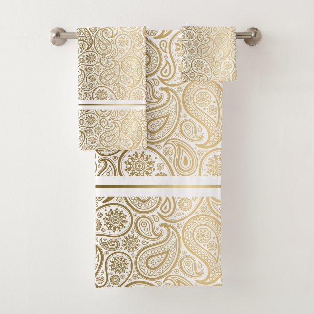 Gold paisley pattern stripes accent bath towel set (Insitu)