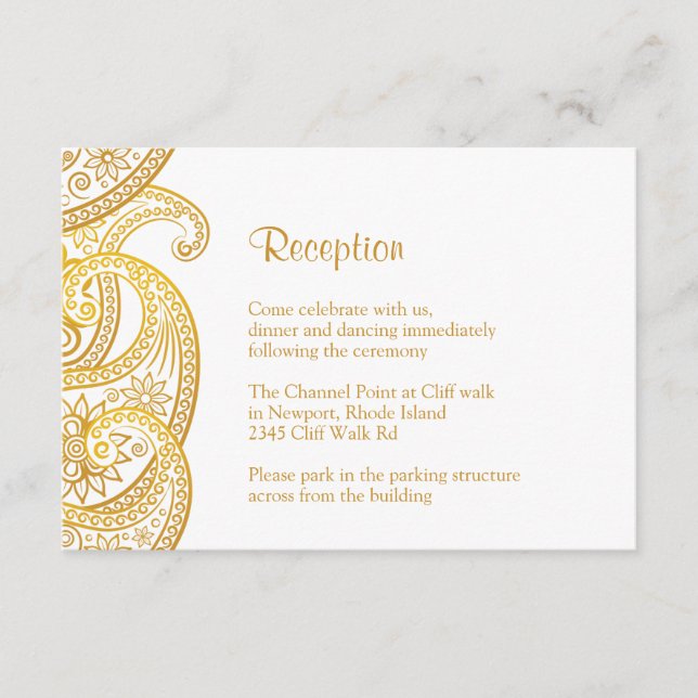 Gold Paisley Reception, Traditional Indian Wedding Enclosure Card (Front)