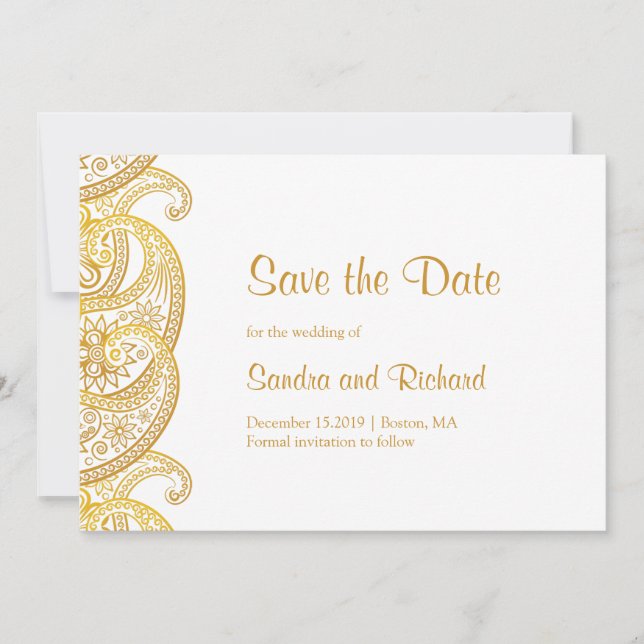 Gold Paisley Traditional Indian Wedding Save The Date (Front)