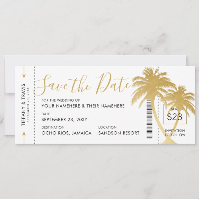 Gold Palm Boarding Pass Ticket Save the Date Card (Front)