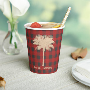 Gold Palm Buffalo Check Personalized Paper Cups