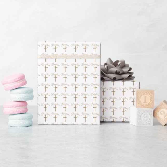 Gold Palm Cross Baptism  Wrapping Paper (Baby Shower)