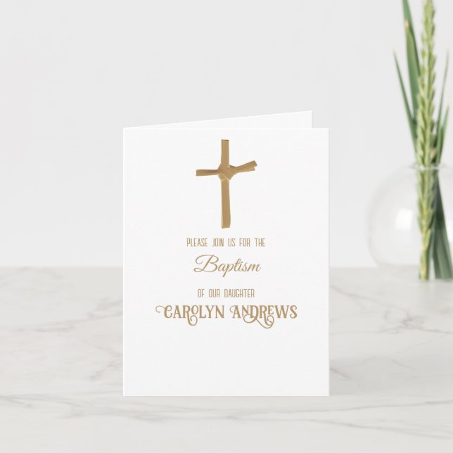 Gold Palm Cross Personalized Baptism Folded Invitation (Front)