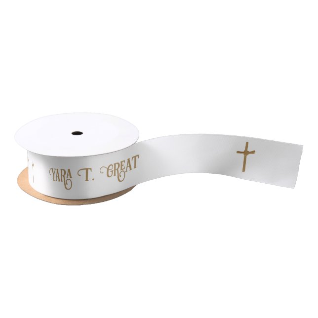 Gold Palm Cross Personalized Baptism  Satin Ribbon (Spool)