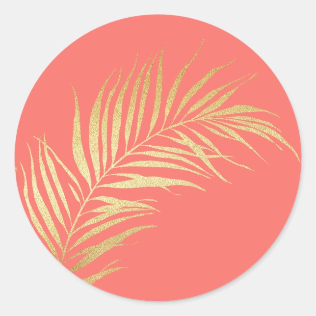 Gold Palm Frond on Coral Background Classic Round Sticker (Front)