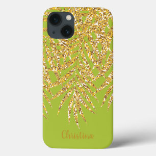 Gold Palm Fronds Name Personalized Chartreuse iPhone 13 Case