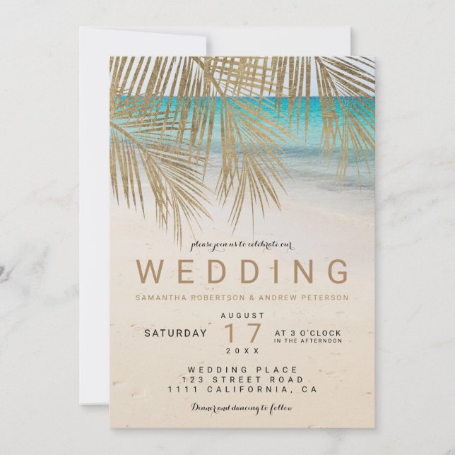 Gold palm leaf beach photo destination wedding invitation (Front)