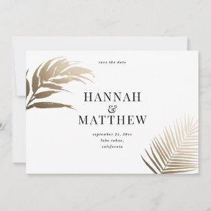 Gold palm leaf save the date wedding