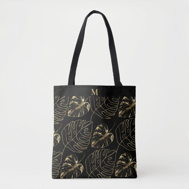 Gold Palm Leaf Tropical Pattern | Modern Monogram Tote Bag (Front)
