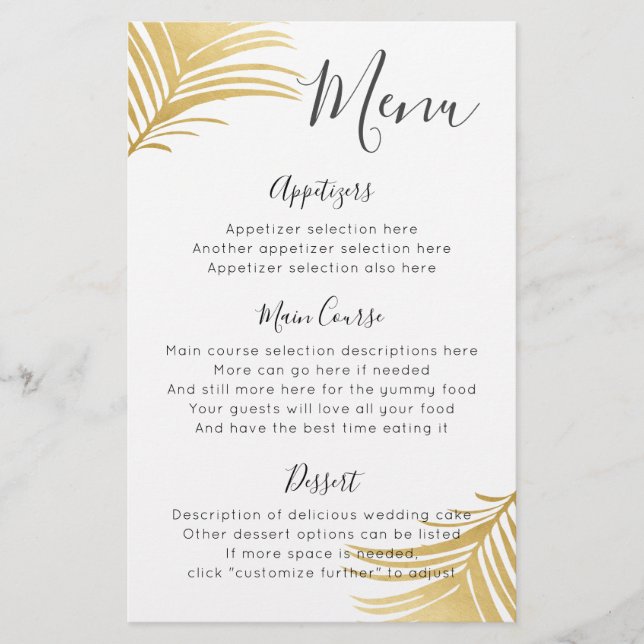 Gold Palm Leaves Beach Destination Party Menu (Front)