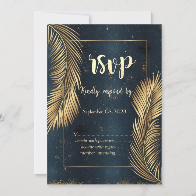 Gold Palm Leaves Beach Wedding RSVP   Invitation (Front)