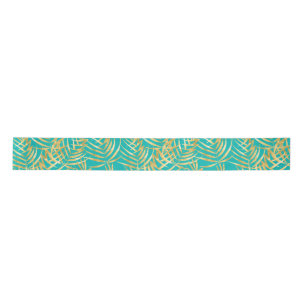 Gold Palm Leaves on Turquoise Satin Ribbon