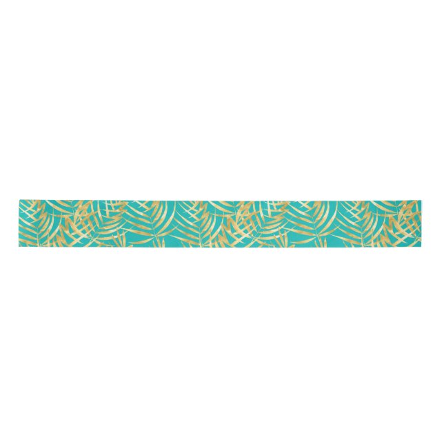 Gold Palm Leaves on Turquoise Satin Ribbon (Front)