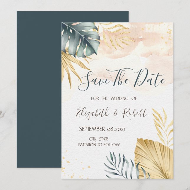 Gold Palm Leaves Watercolor Save The Date (Front/Back)