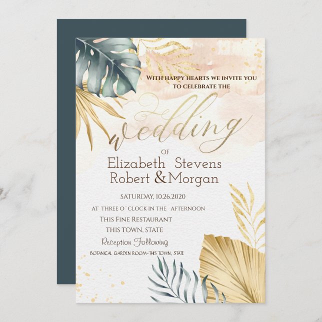 Gold Palm Plage Feuille Mariage Invitation (Devant / Derrière)
