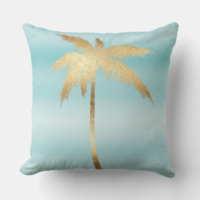 Gold Palm Tree Aqua Ombre   Throw Pillow (Front)