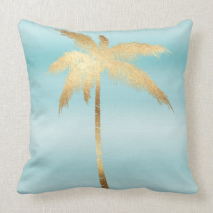 Gold Palm Tree Aqua Ombre   Throw Pillow