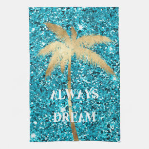 Gold Palm Tree Dream Aqua Glitter Kitchen Towel