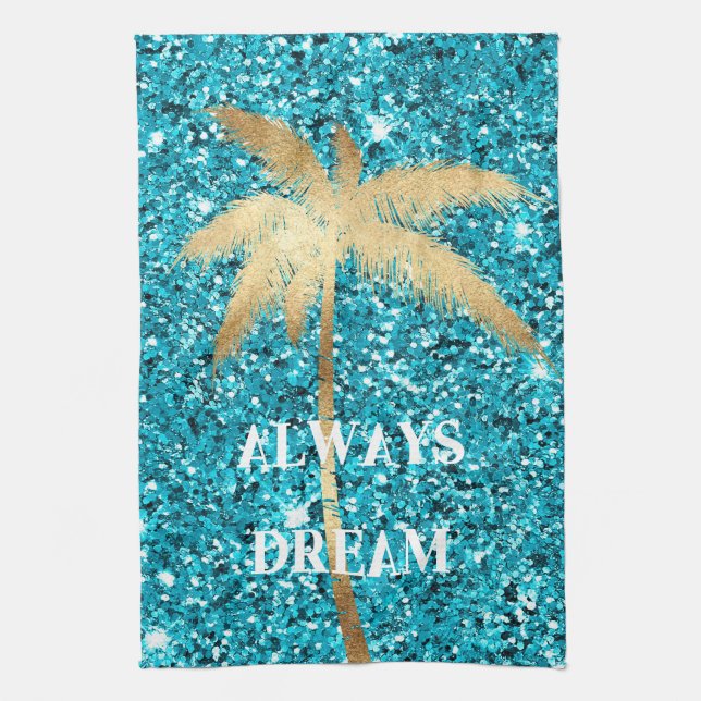 Gold Palm Tree Dream Aqua Glitter          Kitchen Towel (Vertical)