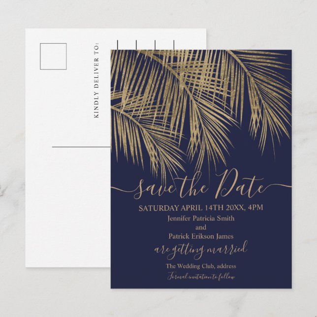 Gold palm tree leaf tropical navy save the date announcement postcard (Front/Back)