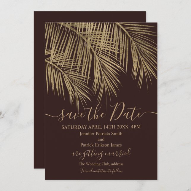 Gold palm tree leaf tropical red save the date (Front/Back)