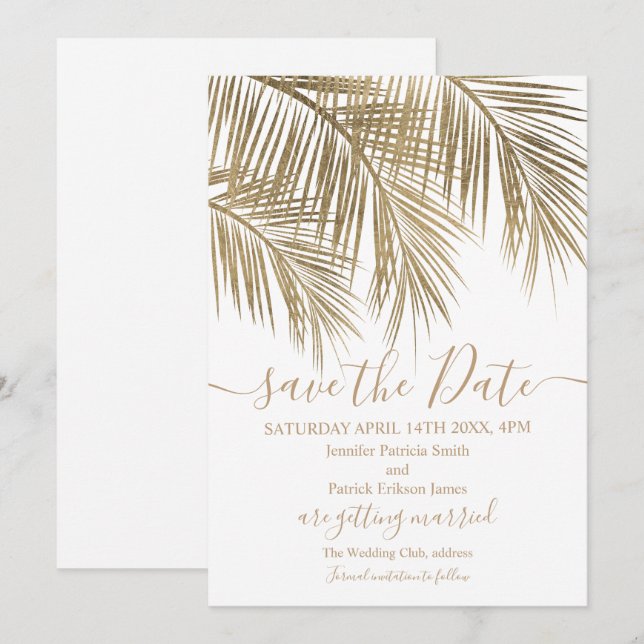Gold palm tree leaf tropical white save the date (Front/Back)