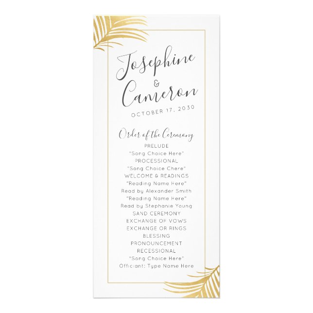 Gold Palm Tree Leaves Tropical Wedding Program (Front)