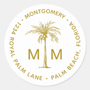 Gold Palm Tree Monogram Tropical Return Address Classic Round Sticker