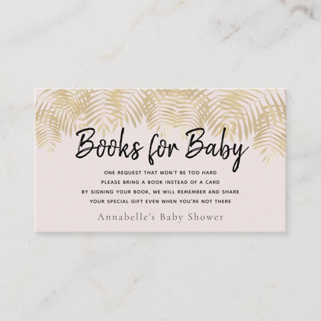 Gold Palm Tree Pink Baby Shower Book Request Business Card (Front)