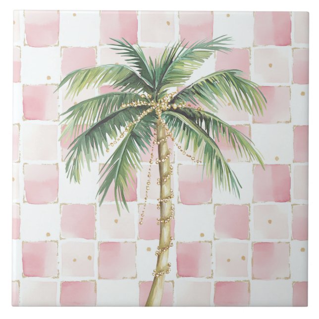 Gold Palm Tree Pink Squares Tile (Front)