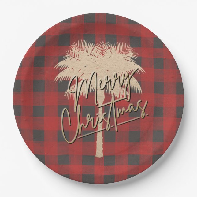 Gold Palm Tree Red Buffalo Plaid Christmas Paper Plate (Front)