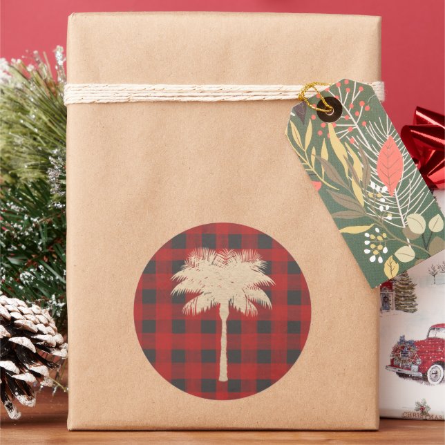 Gold Palm Tree Red Buffalo Plaid Classic Round Sticker (Holiday)