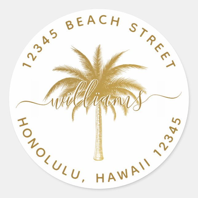 Gold Palm Tree Return Address Classic Round Sticker (Front)