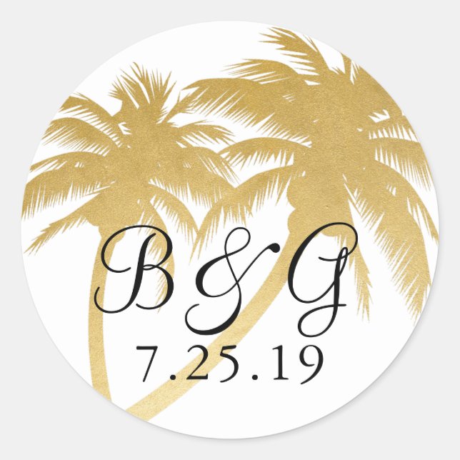 Gold Palm Tree Tropical Beach Monogram Favour Labe Classic Round Sticker (Front)