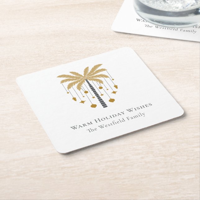 Gold Palm Tree Warm Holiday Wishes Square Paper Coaster (Angled)