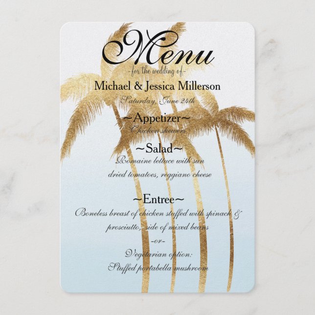 Gold Palm Trees Ombre Wedding Menu (Front)