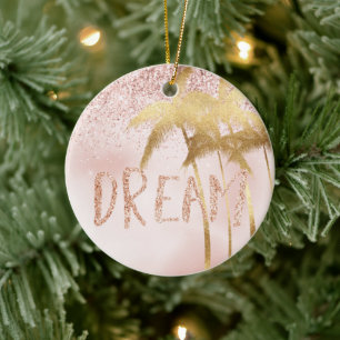 Gold Palm Trees Pink Ombre Glitter Dream Ceramic Ornament