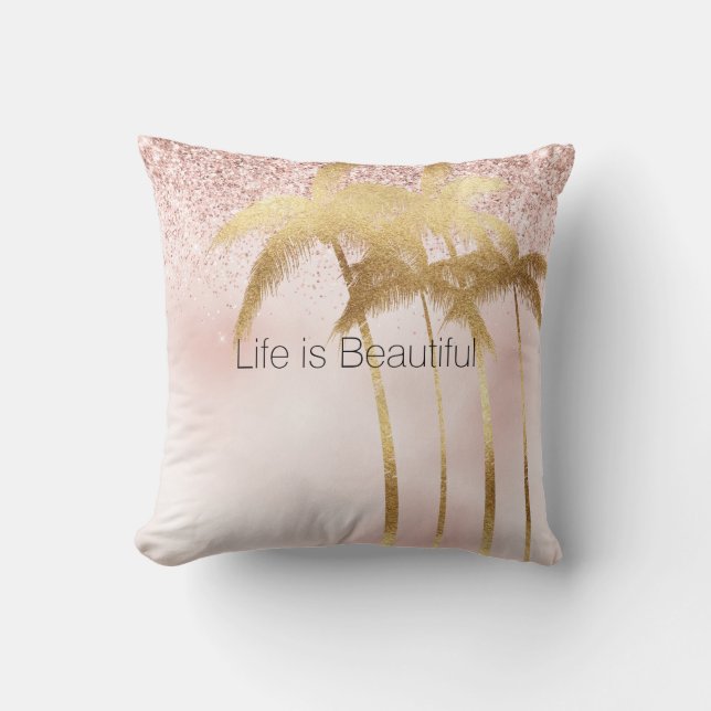 Gold Palm Trees Pink Ombre Glitter Throw Pillow (Front)