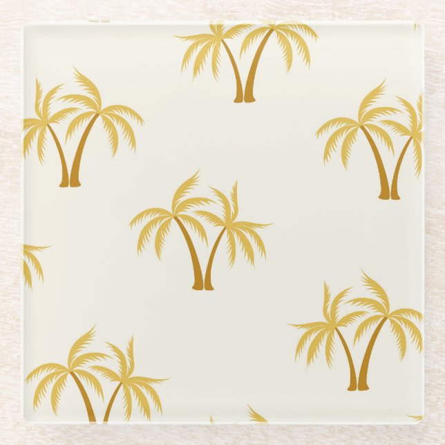 Gold Palm Trees: Tropical Textile. Glass Coaster (Front)