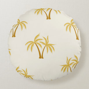 Gold Palm Trees: Tropical Textile. Round Pillow